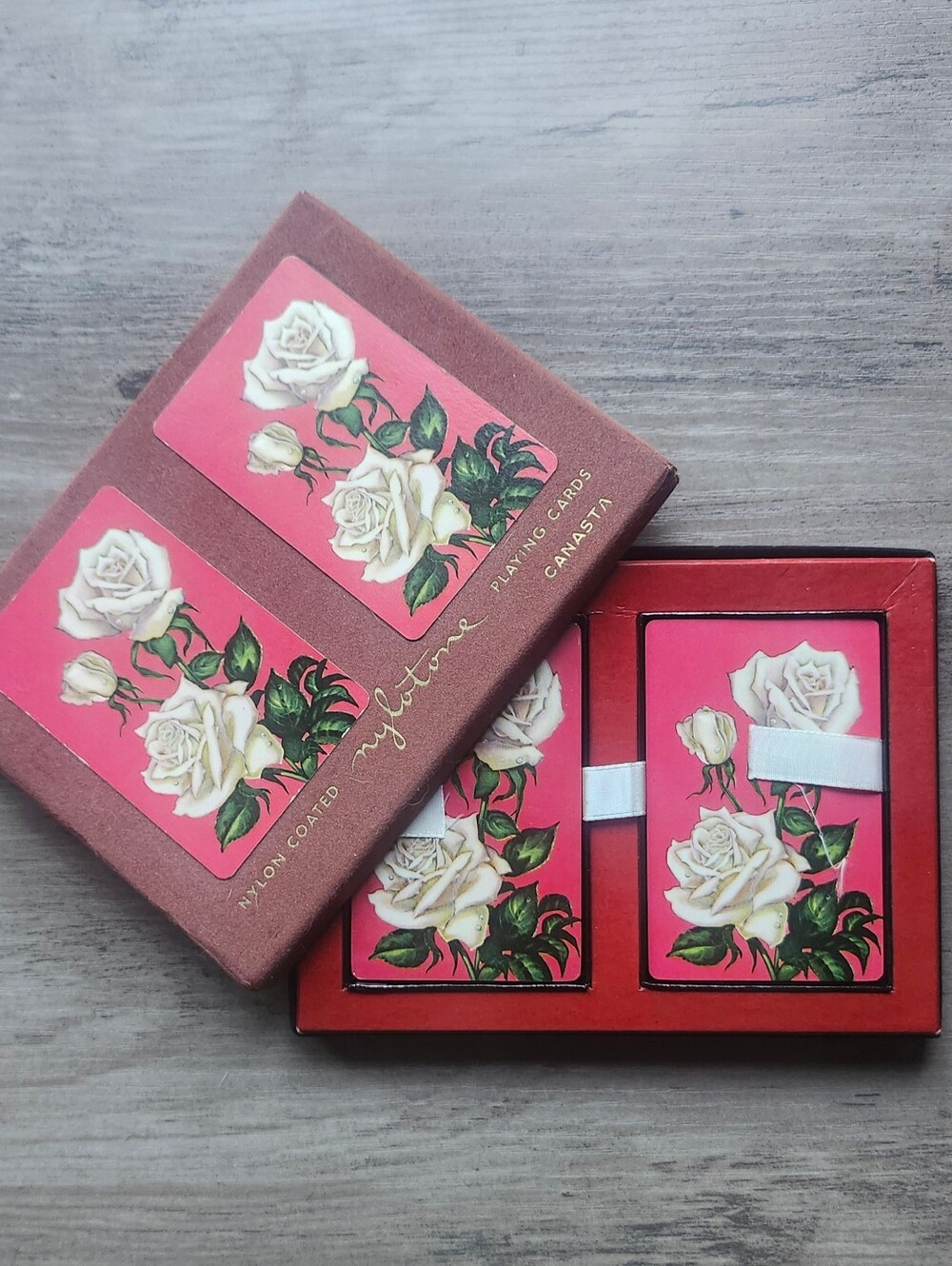 Vintage Nylotone Double Deck Playing Cards Canasta White Rose Gold Pink MCM Deco